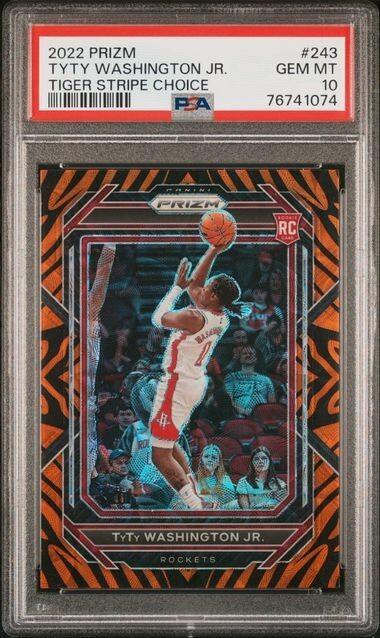 🏀TyTy Washington Jr. 2022 Prizm Tiger Stripe Choice #243 Rookie PSA Gem MT 10;