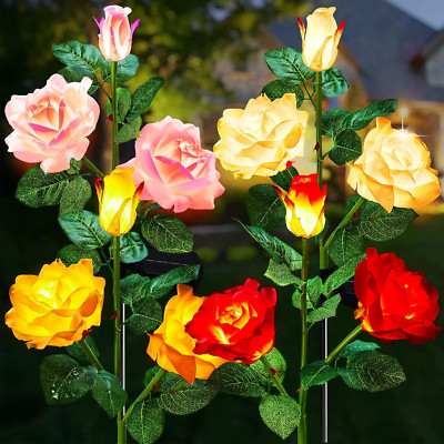 Garden 4 Pack LED Solar Flower Lights with Larger & More Realistic Rose Flowe...
