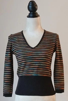 MARELLA TRICOT PULLOVER GR.S  STRICK 72% WOLLE BRAUN STREIFEN BREITER STRICKBUND - Bild 1 von 4