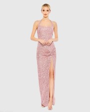 NWT IEENA for Mac Duggal Pink Sequined Halter Strap Low Side Knot Gown Size 2