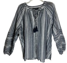 Lane Bryant Top 16 L Linen Blend Tassel Tie Boho Puffy Sleeve Peasant