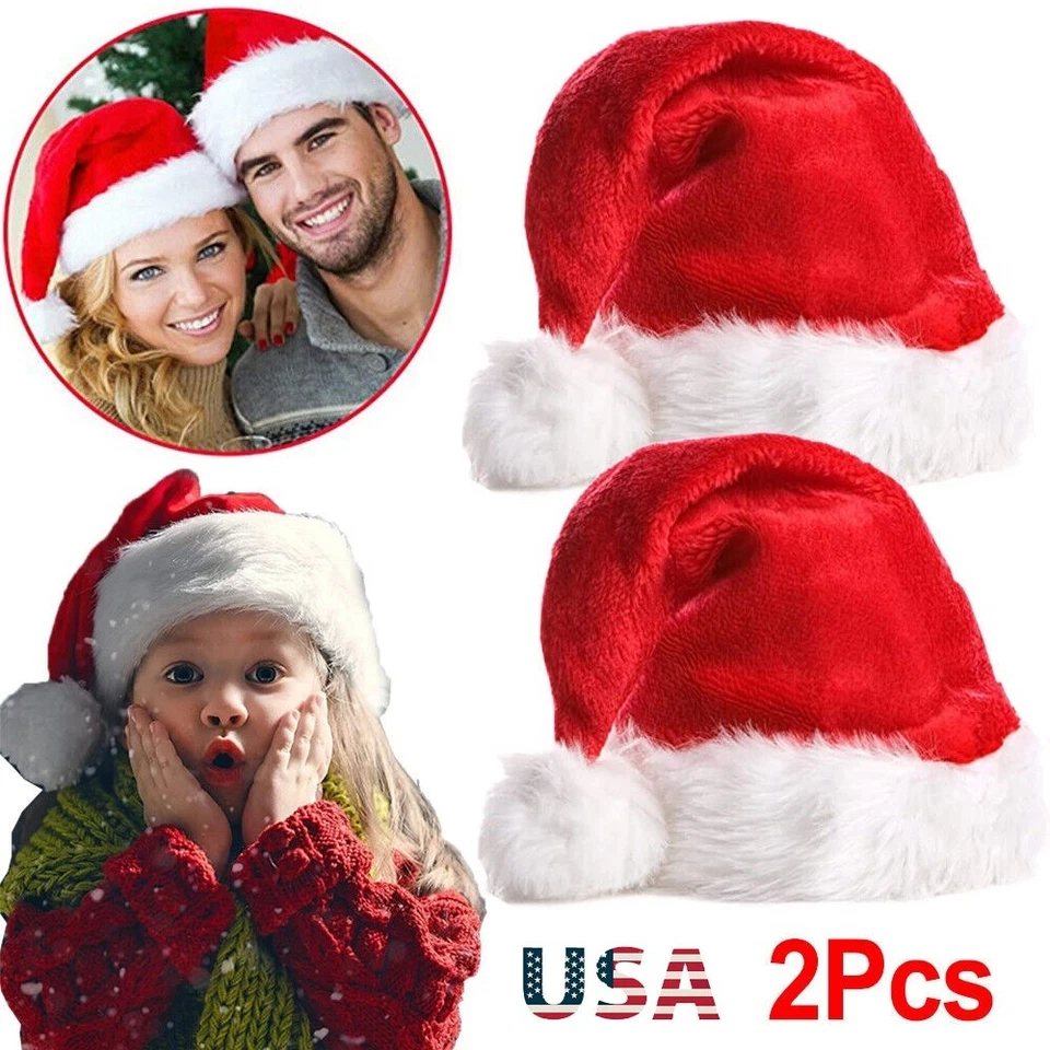 2Pcs Christmas Hat Red Classic Santa Claus Hats Child Adult Fancy Dress Party US - Image 2 of 4