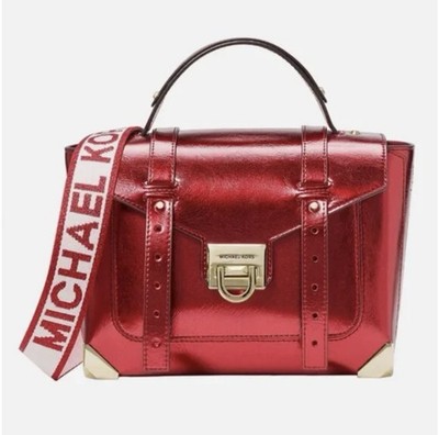 Michael Kors Manhattan Medium Patent Leather School Satchel Crimson Red $598 Nwt