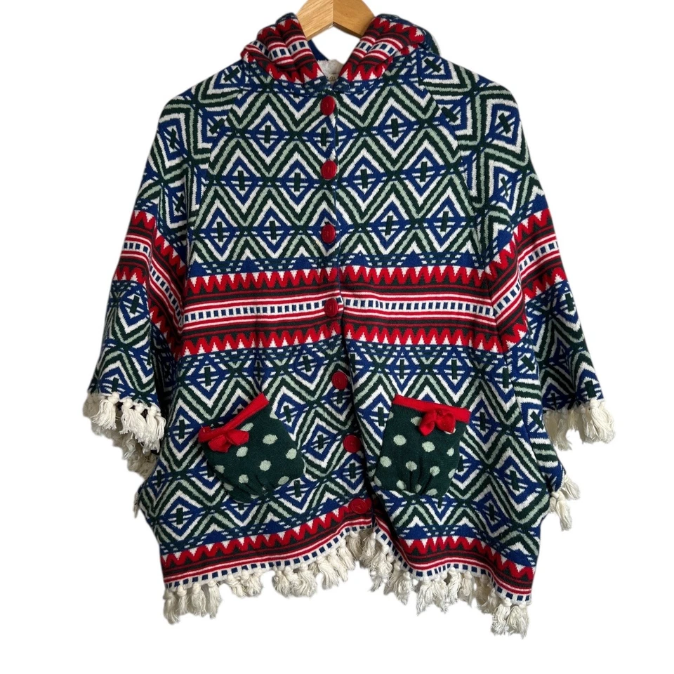 MATILDA JANE Hooded Fringe Poncho Boho Fair Isle Knit Cape Big Girl Size 14 - Image 2 of 4