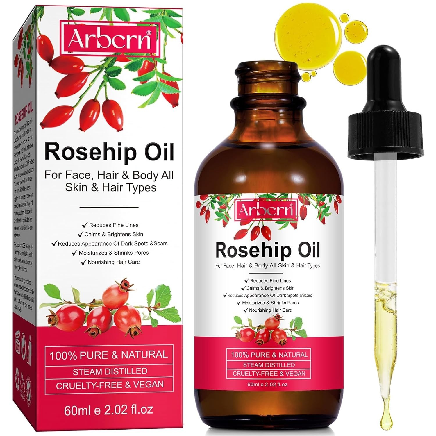 Aceite de rosa mosqueta 100% puro para las arrugas del eccema del acné 2oz