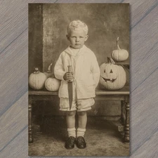 POSTCARD Boy Holding Knife Pumpkins Halloween Mischief Retro Creepy Humor
