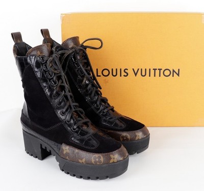 Louis Vuitton Laureate EU37.5 Platform Desert Boots Black Suede Monogram Canvas