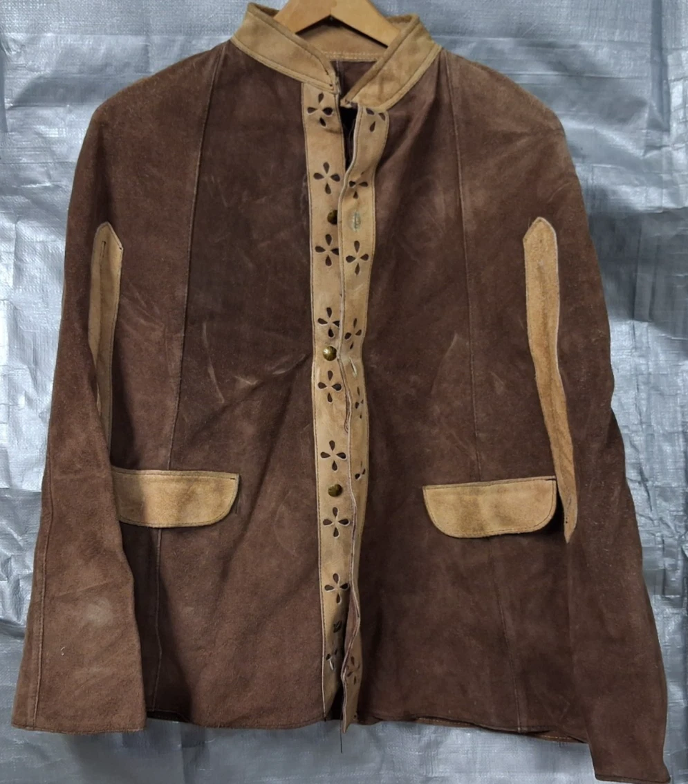 Vintage Suede Leather Poncho Cape Boho Western 60s 70s Buttons Hippie Sm