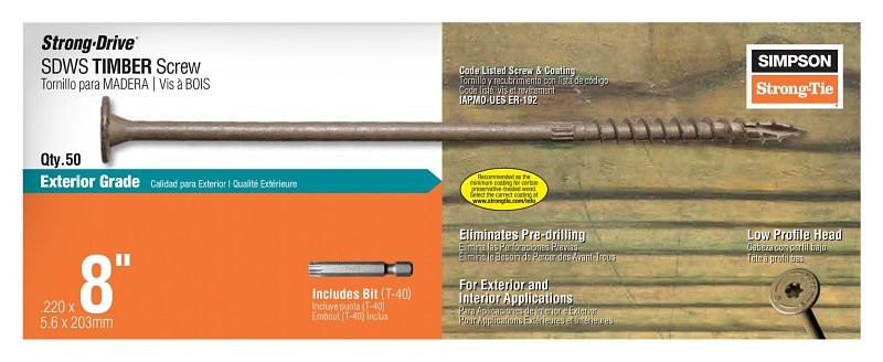 Simpson Strong-Tie SDWS22800DB-R50 8" x .220 Timber Screws (Exterior Grade) 50ct