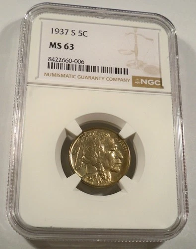 1937-S 5c NGC MS63 BUFFALO NICKEL GREAT SMOOTH GOLD TONE MS 63