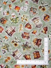 Bee Honey Hive Flower Fabric By The Yard Green Tonal Queen Bee Cotton by QT