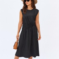 Prologue Sleeveless Midi Dress Black White Pinstripe Asymmetrical Waist Detail S