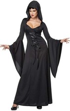 DELUXE HOODED BLACK GOTHIC VAMPIRE ROBE ADULT WOMENS DRESS HALLOWEEN COSTUME