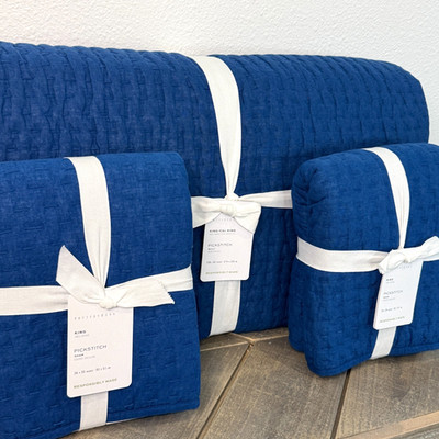 POTTERY BARN PICK-STITCH HANDCRAFTED KING QUILT + 2 KING SHAMS CAPRI BLUE