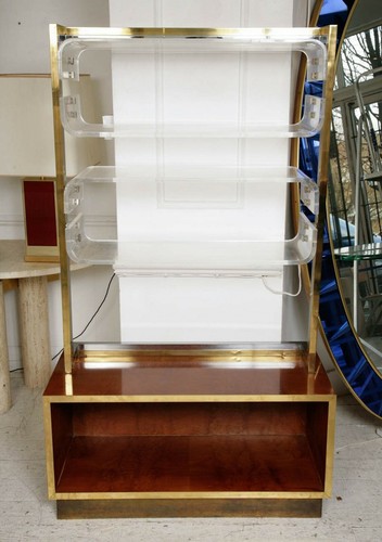 Romeo Rega Brass Chrome Lucite Bookshelf Burl Walnut 70s Lacquer Display Cabinet - Picture 2 of 8