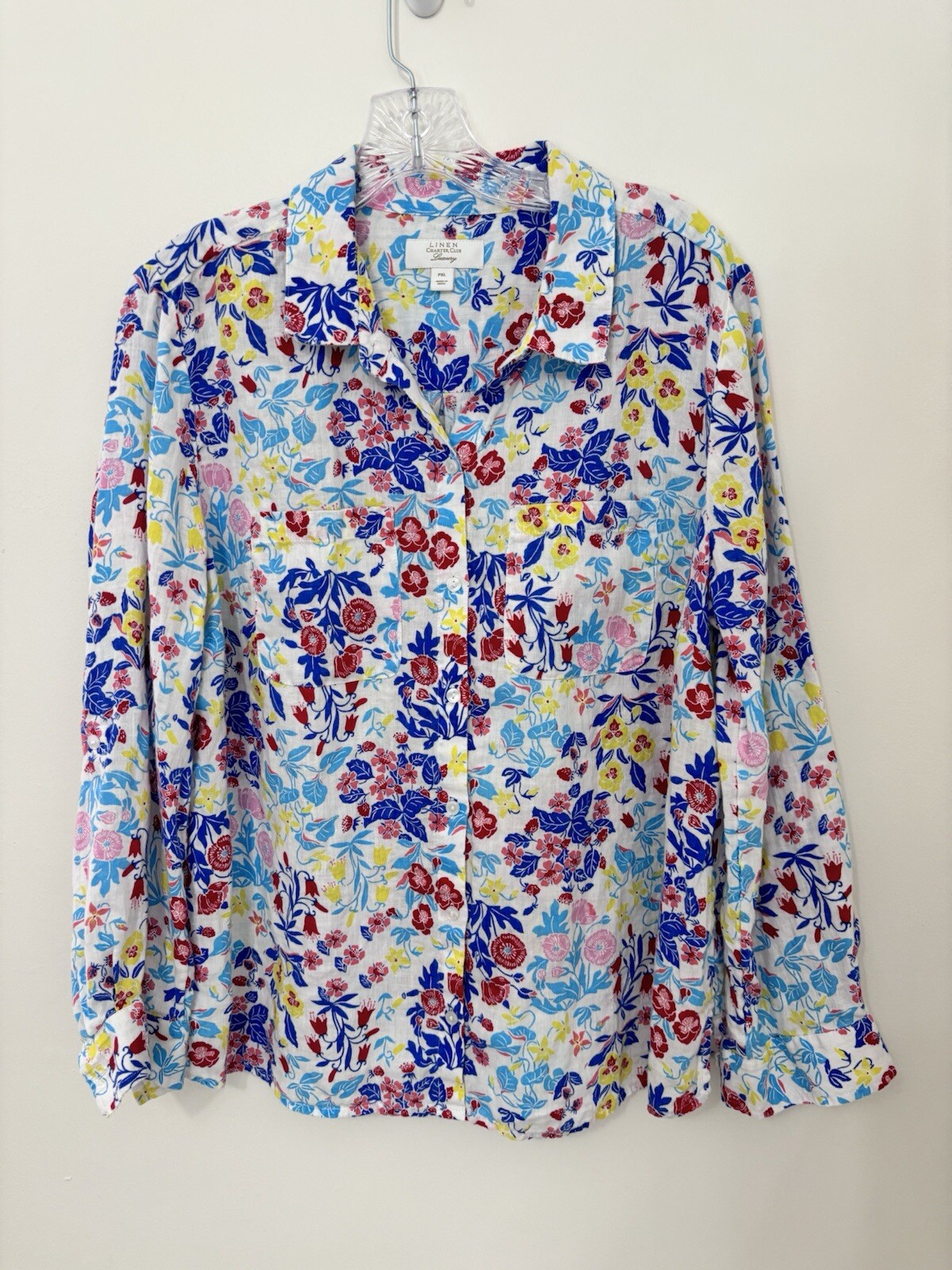 Charter Club Luxury Shirt 100% Linen Long Sleeve Floral Petite XL