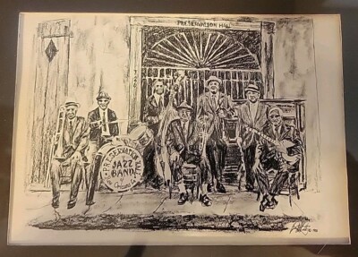 Preservation Hall Jazz Band Pencil Sketch Print Signed 1981