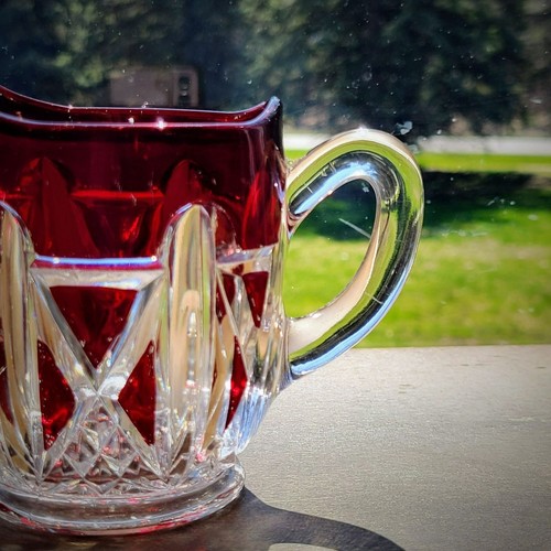 Antique EAPG Glass Creamer US Glass Co Triple Triangle Ruby Stained c.1890 USA - Picture 4 of 12