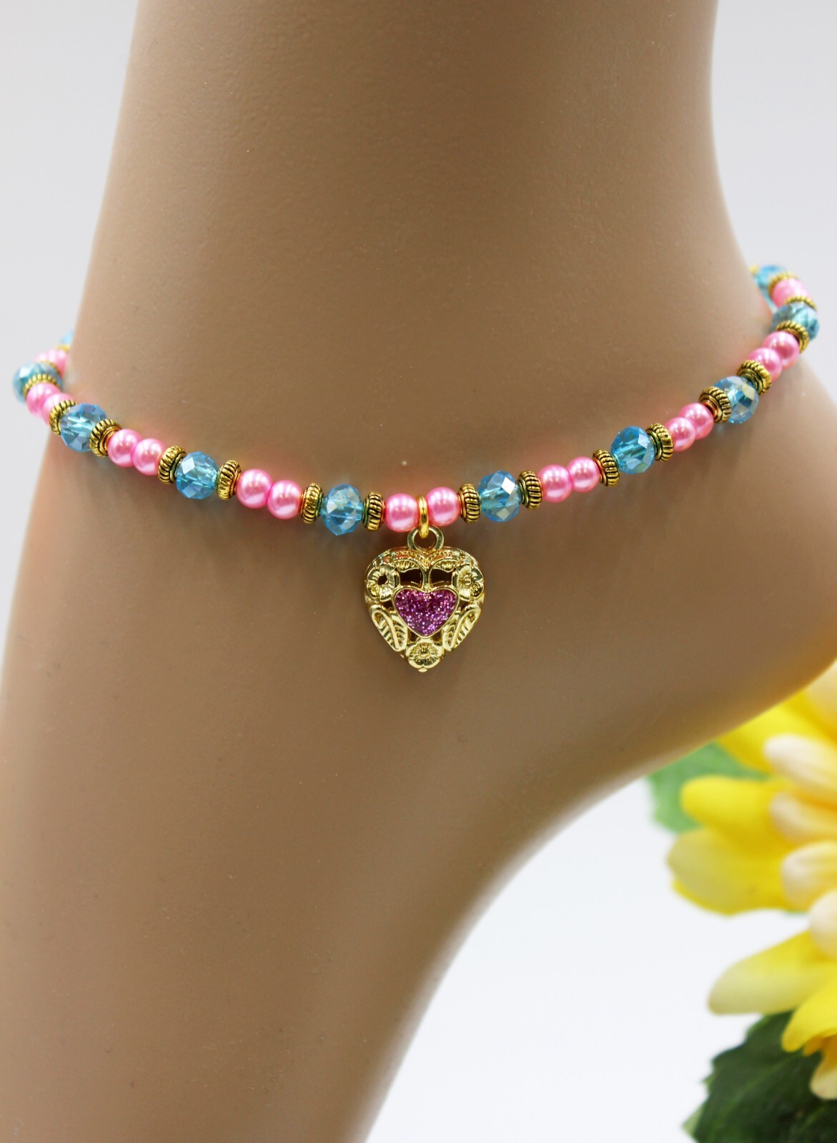 Ankle Bracelet Pink Blue Beads Heart Charm Princess Size M #KA097