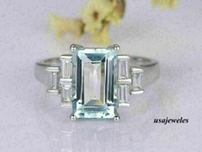 2.57CT Emerald Cut Real Aquamarine 14K White Gold Finish Engagement Jewelry Ring