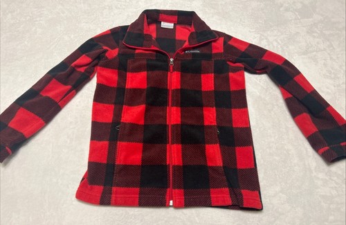 Columbia Full Zip Fleece Jacket Youth Medium Red Black Flannel Pockets Mock Neck - Picture 2 of 7