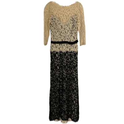 Tadashi Shoji Black & Cream Lace 3/4 Sleeve Ribbon Belt Maxi Gown Size 6 |  eBay
