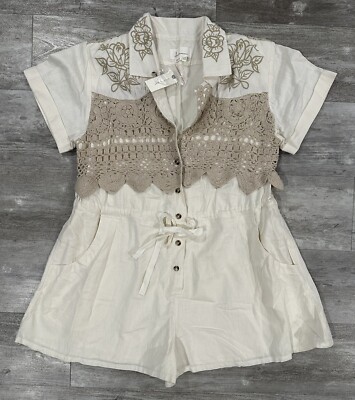 Anthropologie Cream Crocheted Romper Floral Embroidered Size 12 Brand NEW 