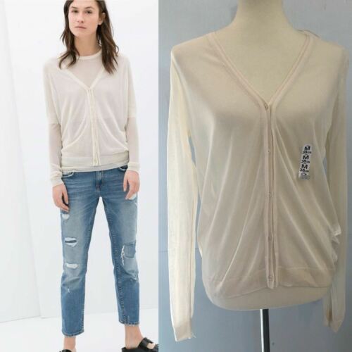 Zara Women’s Knit Cardigan Sheer Ivory Button V-Neck Long Sleeve Size M