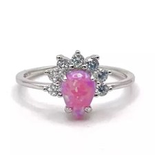 Pink Opal Solitaire Ring, 925 Sterling Silver, Rhodium Plated, Size 6