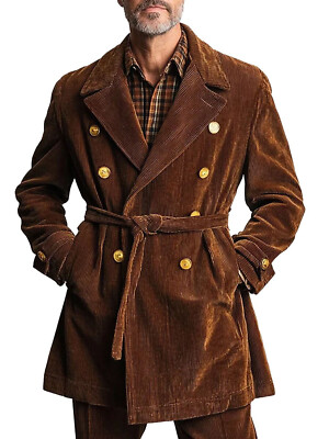 Autumn Corduroy Men's Coat with Belt Double Breasted Jackets