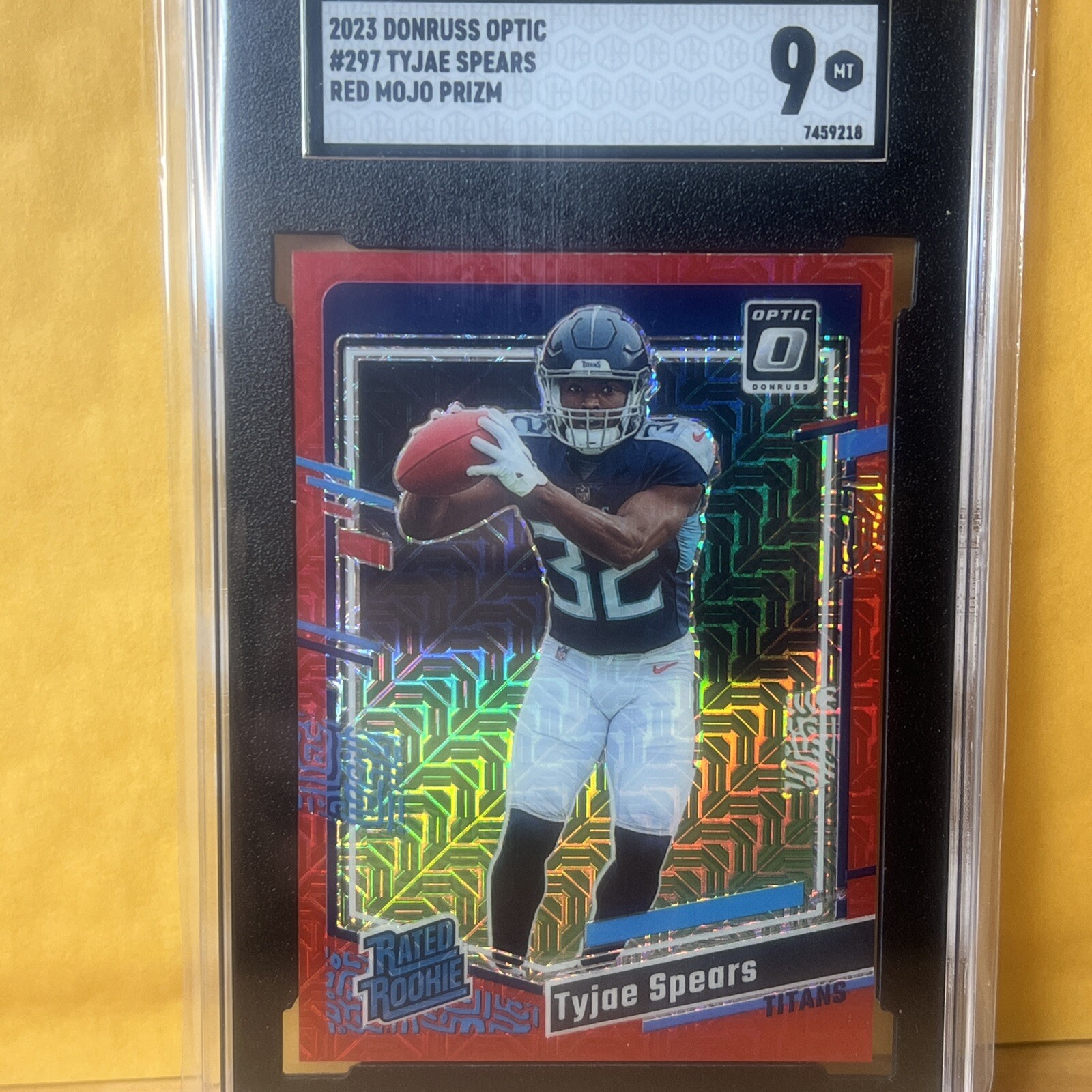 Tyjae Spears 2023 Donruss Optic #297 Red Mojo Prizm Rated Rookie RC Titans
