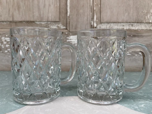 (2) Paul Sebastian Arcoroc Coffee Tea Mug Crystal Clear Cut Crisscross Pattern