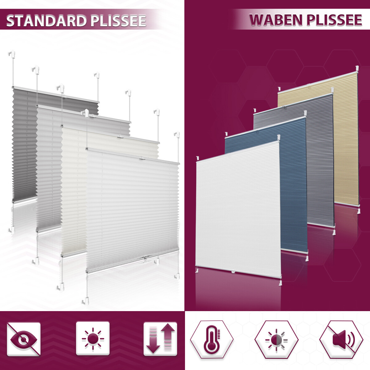 Standard Plissee / Wabenplissee (Verdunkelung) ohne Bohren Klemmfix