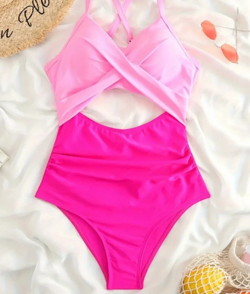 Traje de baño de una pieza elástico recortado en bloques de colores para mujer lazo cruzado Foto 3 de 4