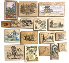 Lot of 17 Rubber Stamps Wood Mount Landscape Houses Many Large Mixed Brands