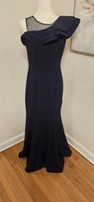 Navy One Shoulder Ruffle Mermaid Formal Gown Sleeveless Long Dress