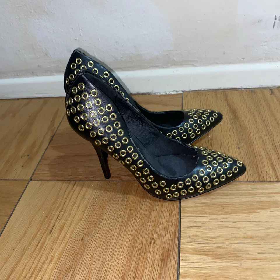 Steve Madden Heels Womens 7M Grommit Black Gold Leather Shoes Pumps Slip On - Image 3 of 4