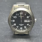 Vtg Seiko Titanium Mens Watch Quartz day/date black dial 7n43-0AB0 Runs Scratch