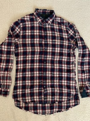 Diesel Plaid Shirt Mens Large L Red Navy Blue Herringbone Raw Drop Tail Hem