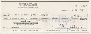 George Wallace Alabama Governor Autographed 1983 Canceled Check