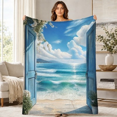 Blue Door Ocean View Coral Fleece Blanket Coastal Home Decor