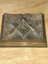 ANTIQUE GA Tech  BRONZE /brass? Heavy HOLY BIBLE MASONIC  ART PLAQUE PAPERWEIGHT