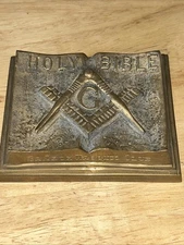 ANTIQUE GA Tech  BRONZE /brass? Heavy HOLY BIBLE MASONIC  ART PLAQUE PAPERWEIGHT