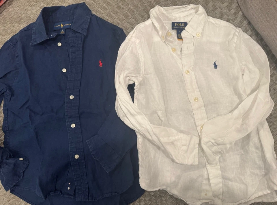 Polo Youth Size 6 Linen Shirts Navy And White Boys, Excellent Condition - Image 2 of 4