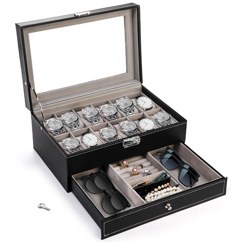 12 Slot Watch Box Case Lockable with Glass Lid, 2 Layers Watch Holder Organiz... - Picture 3 of 7