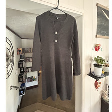 Nine West Black Ribbed Knit Sweater Dress Round Neck Button Front PM Petite