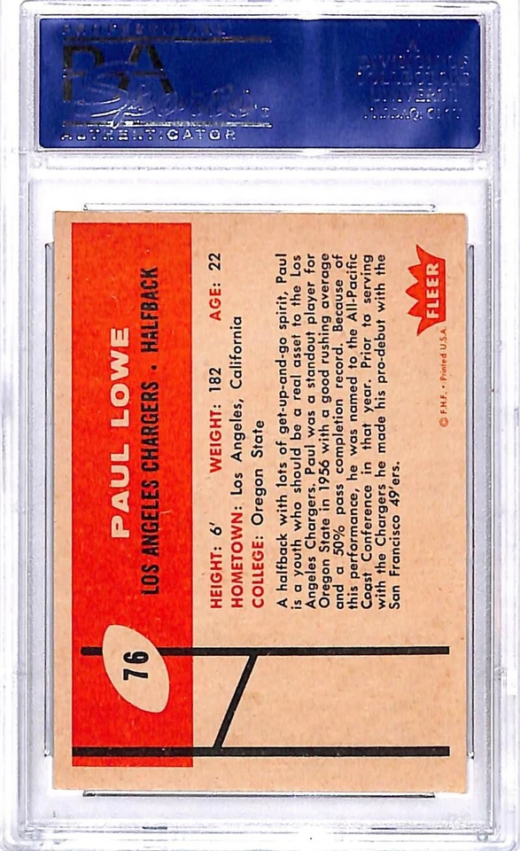 1960 Fleer #76 Paul Lowe RC Rookie Los Angeles Chargers Football Card PSA 7 NM - Image 2 of 2