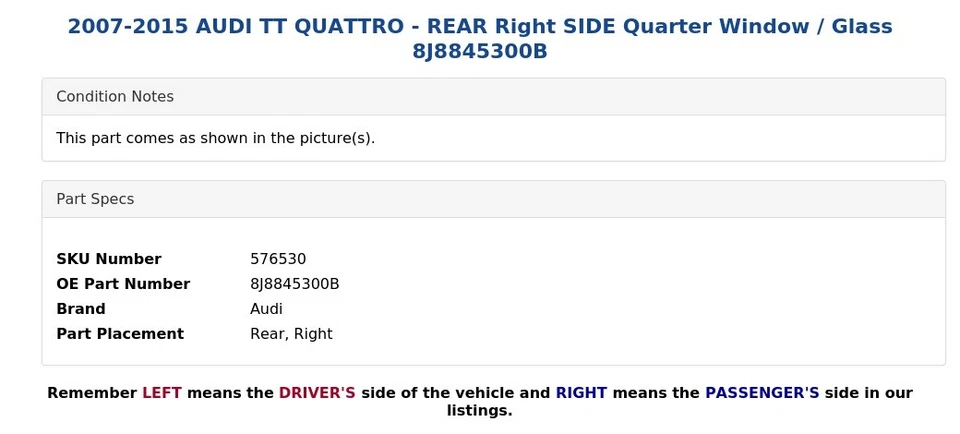 AUDI TT QUATTRO 2007-2015 - Cuarto de ventana trasero derecho/vidrio 8J8845300B Foto 4 de 4