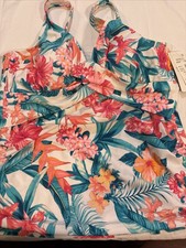 NWT Swim Solutions Womens Tankini Top Crossover Floral Twist Tropical 14