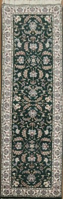 Oriental 8 ft Runner Rug 3x8 Green & Ivory Wool Handmade Classic Hallway Carpet